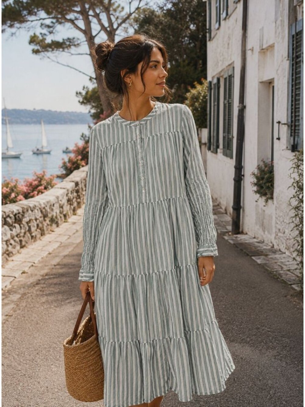 Pink City Prints Blue Green Stripe Long Sleeve Dress M Coastal Grandmother Cotta